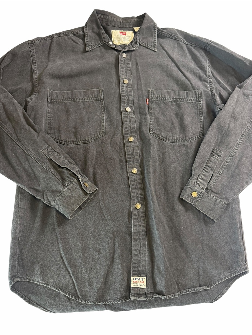 Vintage 90s LEVIS Black Washed Denim Button Up Shirt Long Sleeve Red Tab medium